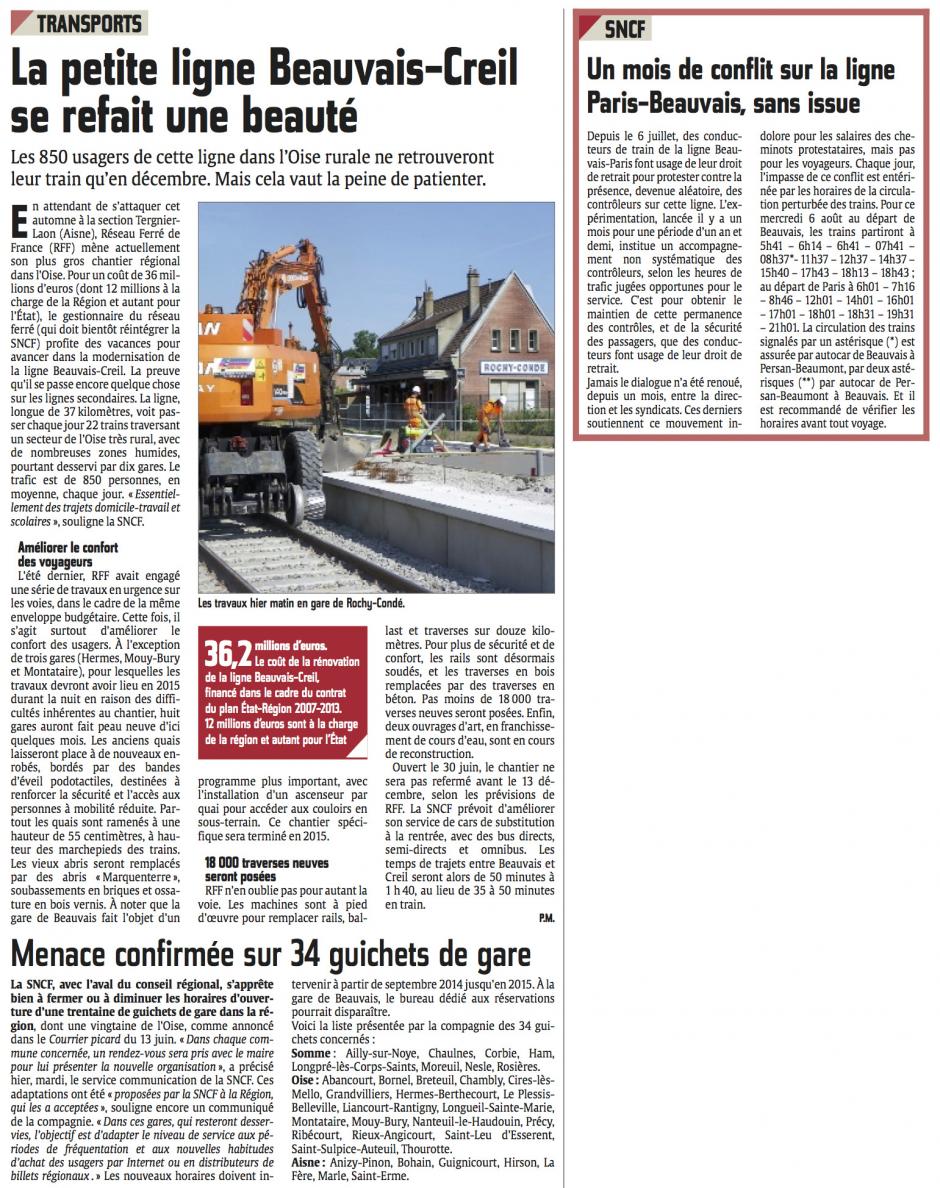 20140806-CP-Oise-Menace confirmée sur 34 guichets de gare, un mois de conflit, sans issue, sur Paris-Beauvais, Beauvais-Creil se refait une beauté