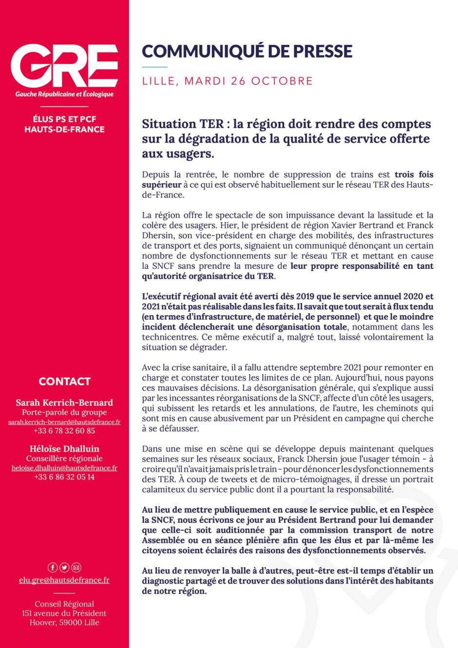 Situation TER : la Région doit rendre des comptes sur la dégradation de la qualité de service offerte aux usagers - Groupe GRE au Conseil régional Hauts-de-France, 26 octobre 2021