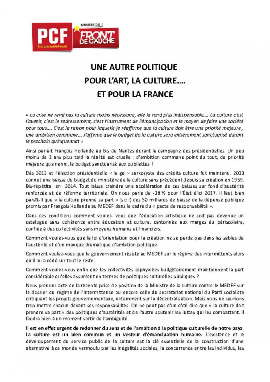UNE AUTRE POLITIQUE POUR L’ART, LA CULTURE…. ET POUR LA FRANCE.