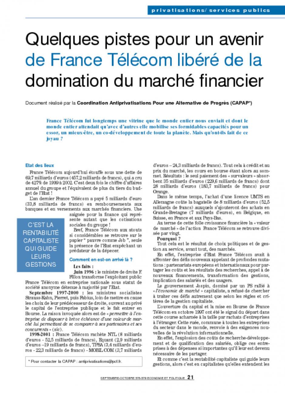 Quelques pistes pour un avenir de France Télécom libéré de la domination du marché financier