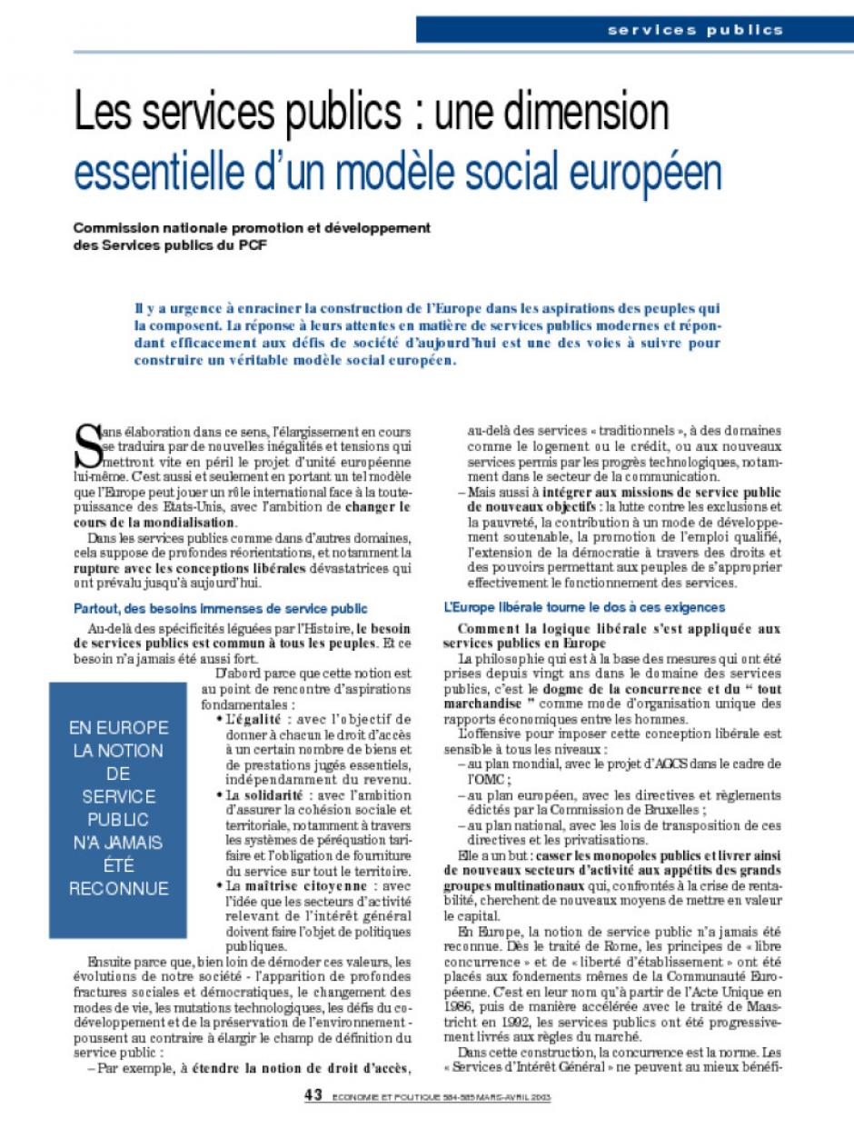 Les services publics : une dimension essentielle d’un modèle social européen